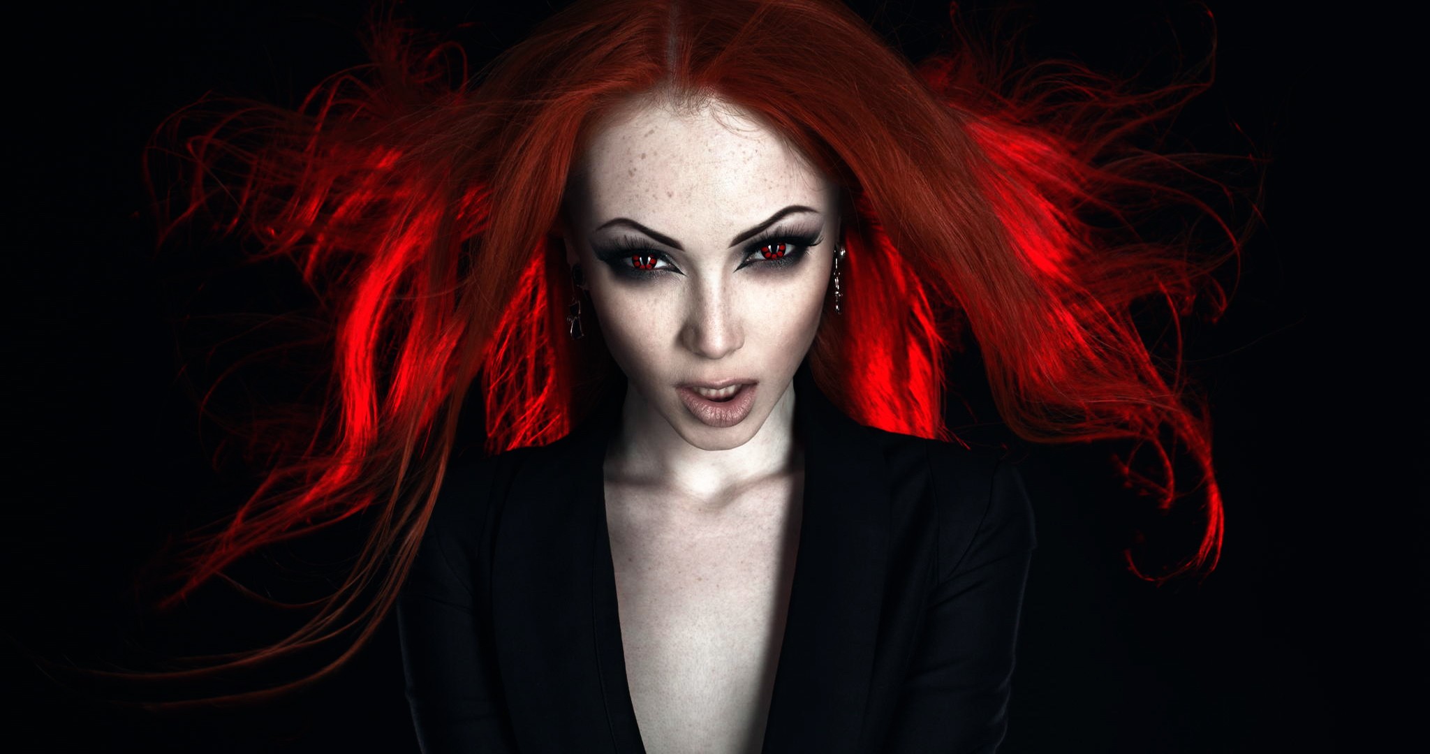 Women Model Roman Filippov Redhead Fake Iris Creepy Smoky Eyes Black Dress Red...