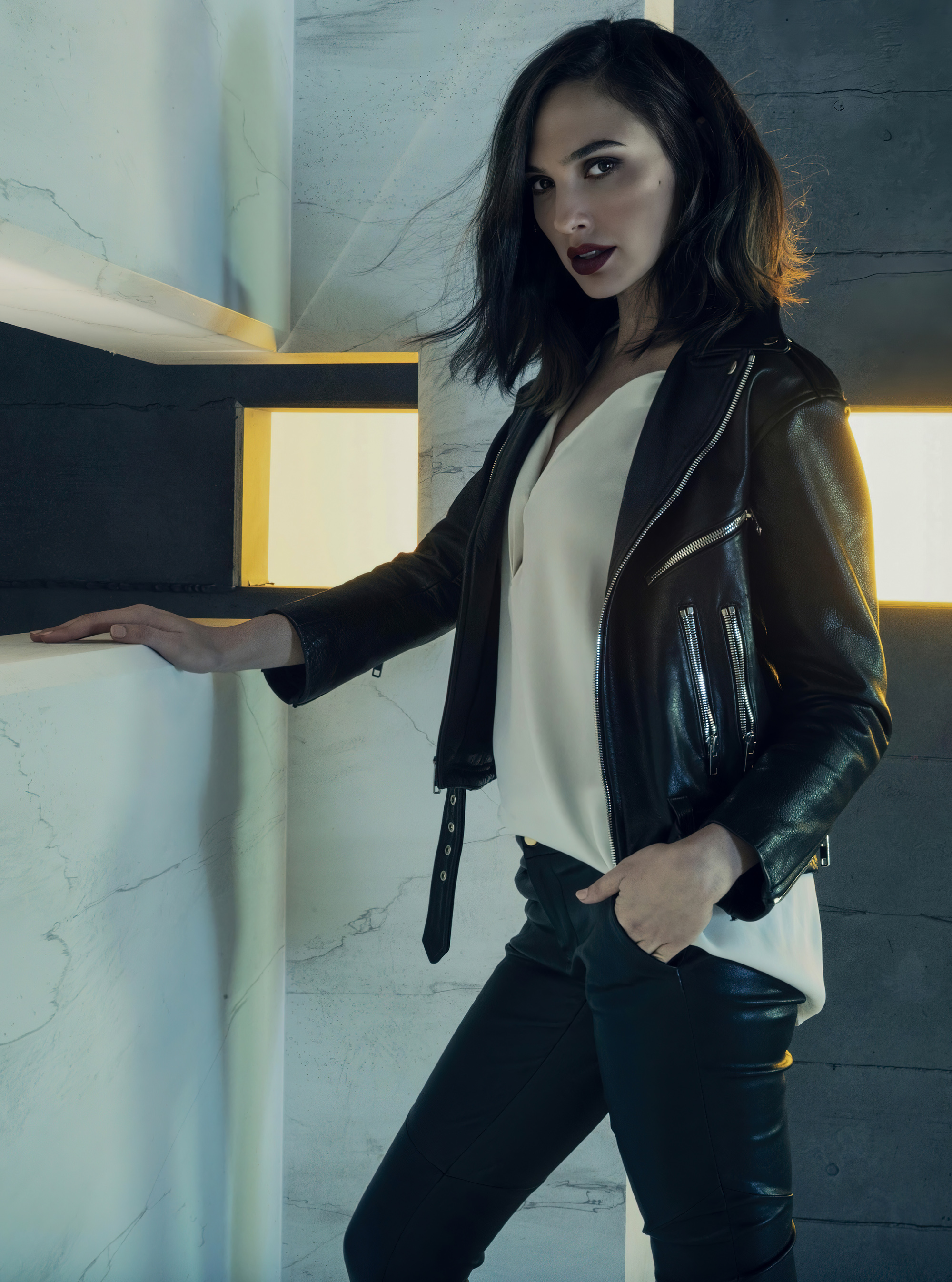Gal Gadot Women Model Actress Dark Lipstick Leather Pants Leather