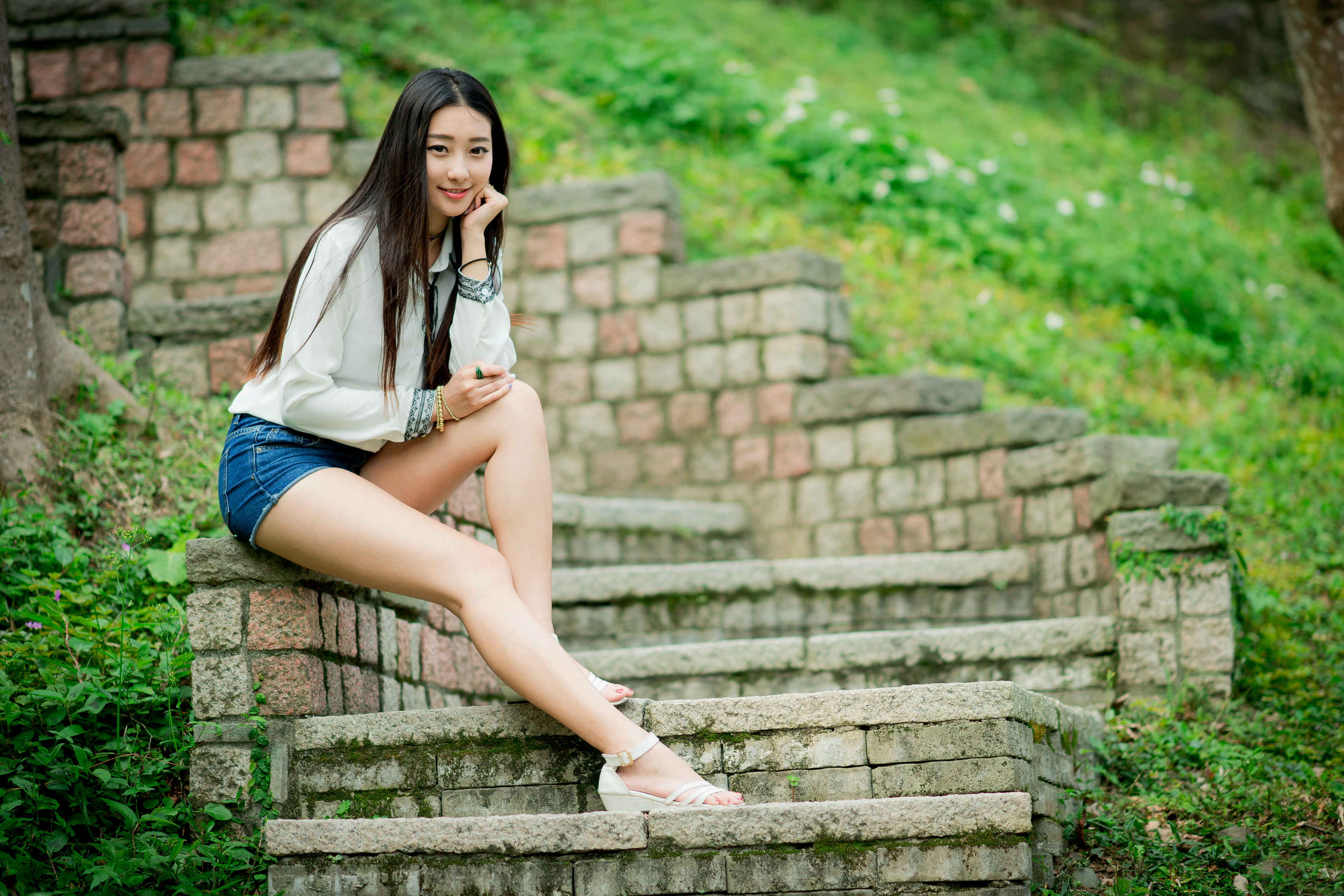 Asian Model Women Long Hair Brunette Depth Of Field Sitting Stairs ...