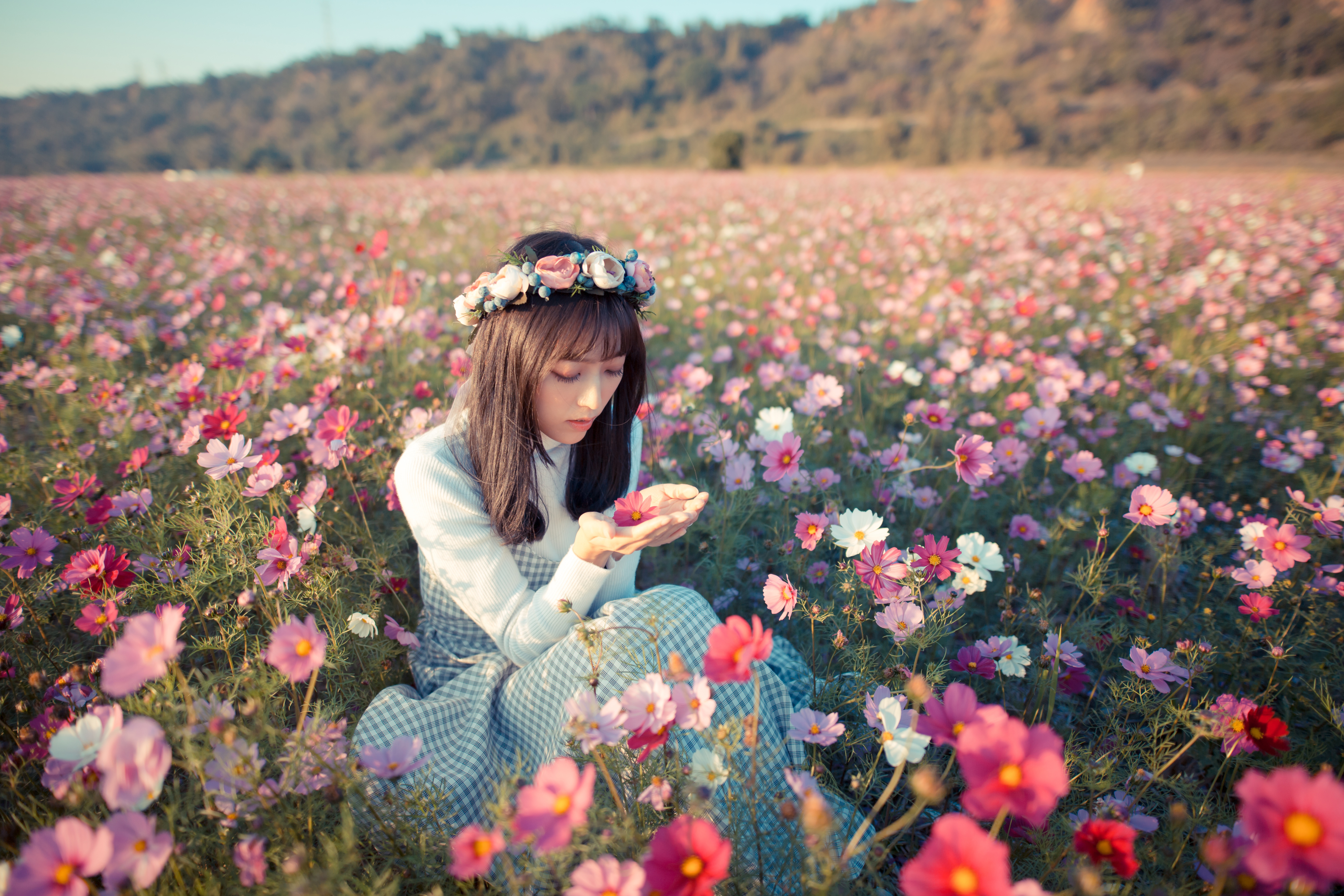 White asia. Девушка в цветочном поле. Фотосессия в цветах. Девочка с цветами. Девушка в цветах.
