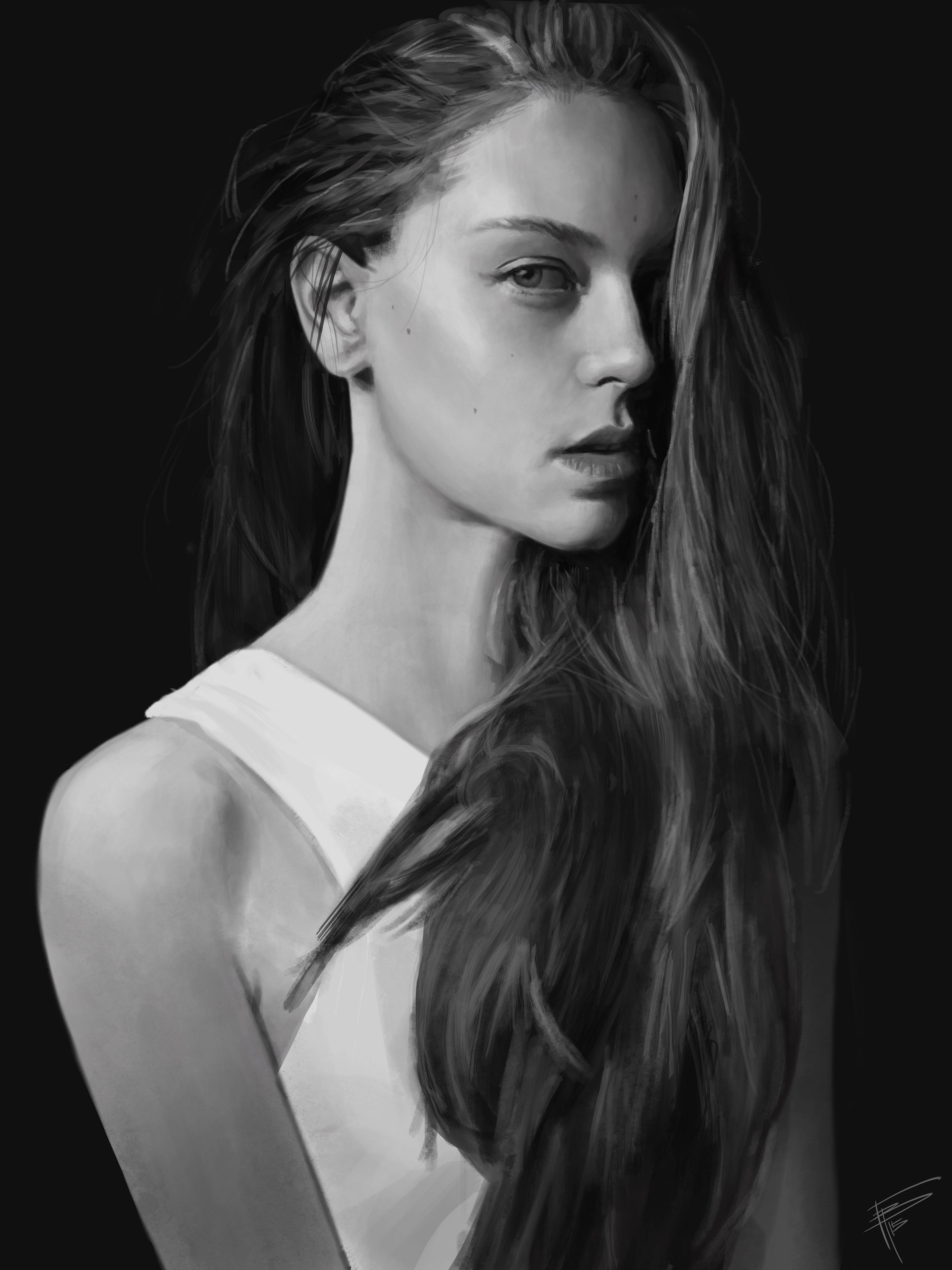 Artstation Drawing Monochrome Hair In Face Looking At Viewer Women Portrait Portrait Display