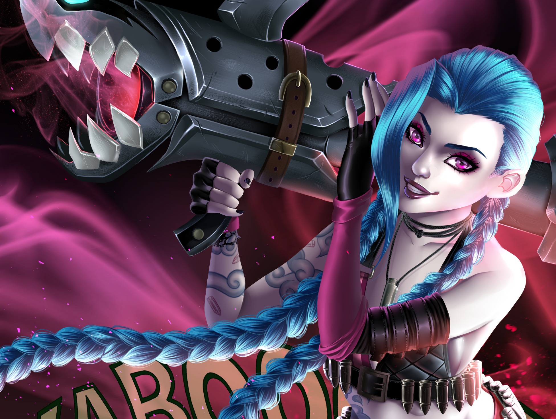 Blue Hair Braid Jinx League Of Legends Long Hair Purple Eyes Smile Woman Warrior Wallpaper 