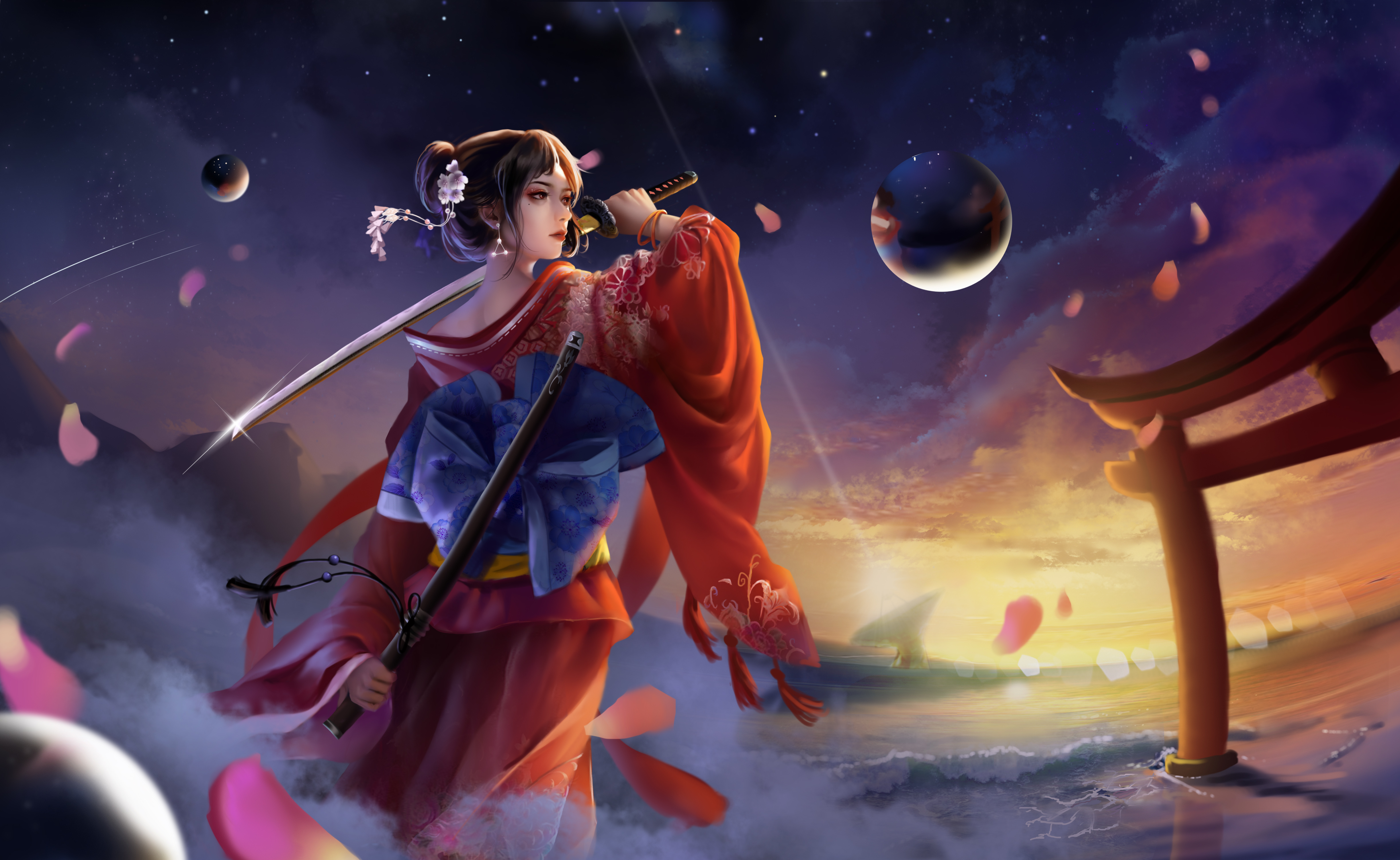 Лунное миру 18. Гейша Супермен. Самурай и гейша на фоне звёздного неба картинки. «Гейши на фоне пейзажа» Сато торакиё.