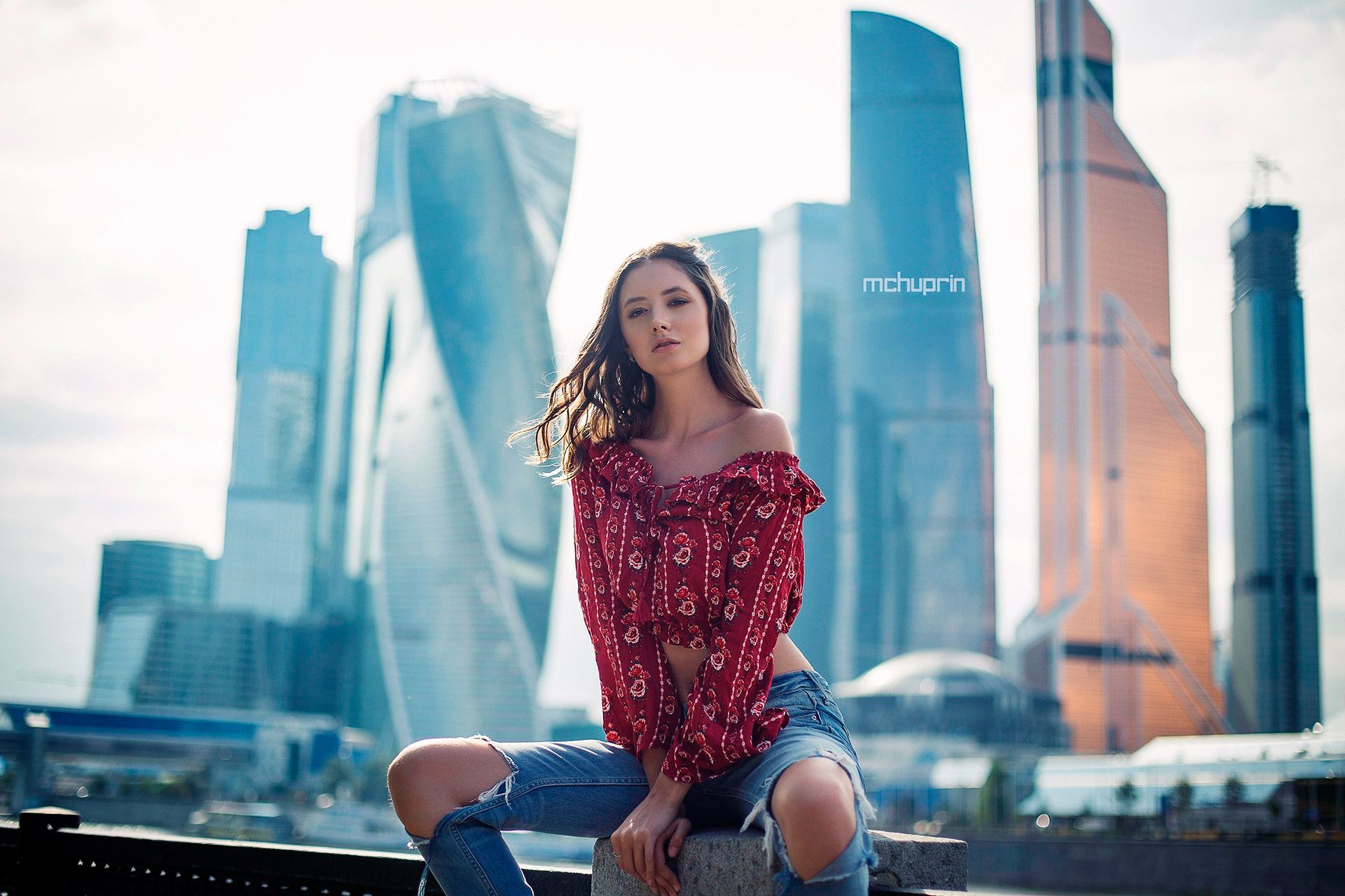 Women Cityscape Torn Jeans Portrait Women Outdoors Sitting Moscow Maxim Chuprin Wallpaper 6099