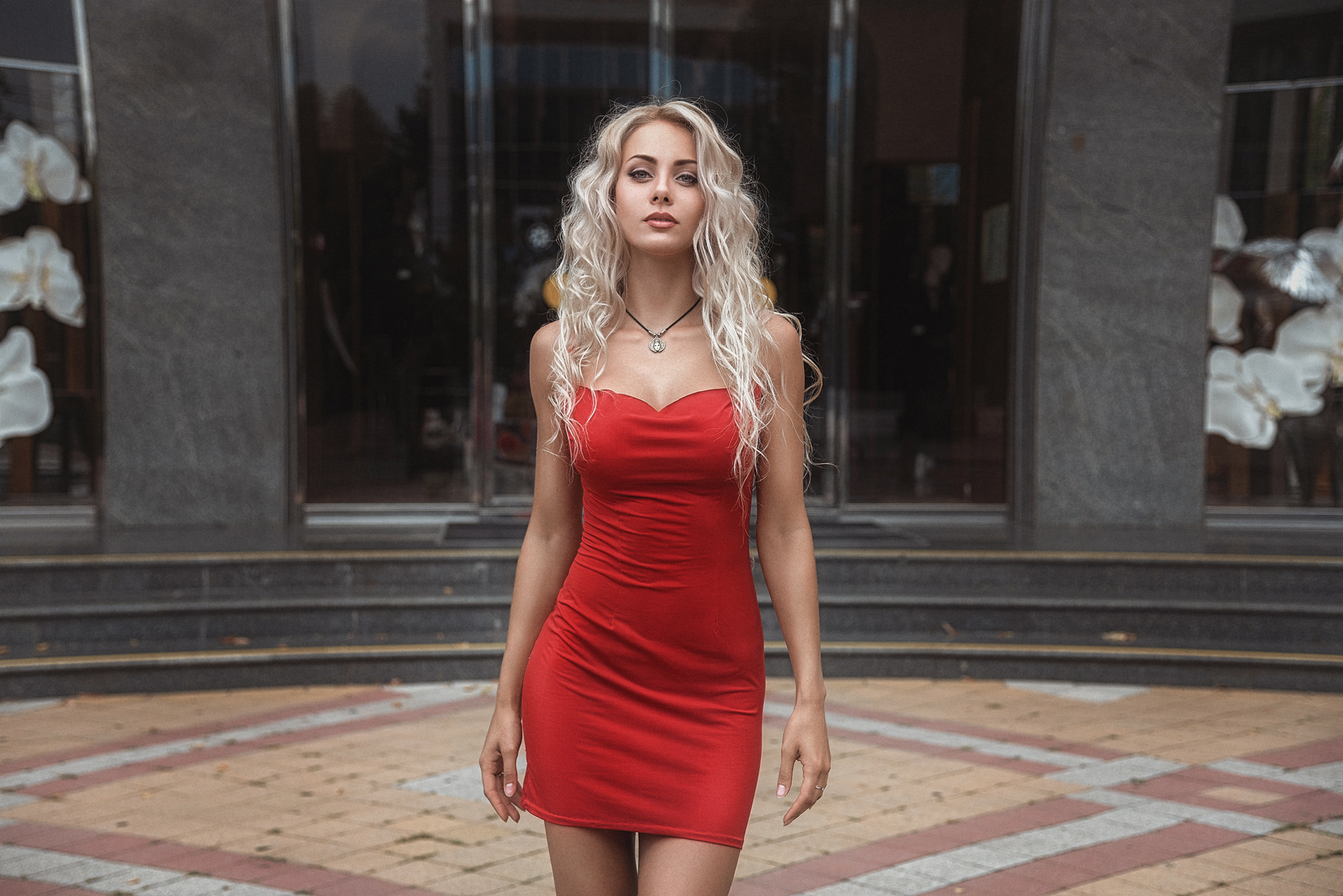 Women Blonde Red Dress Tight Dress Portrait Necklace Women Outdoors Wavy Hair Galyaev Evgeniy