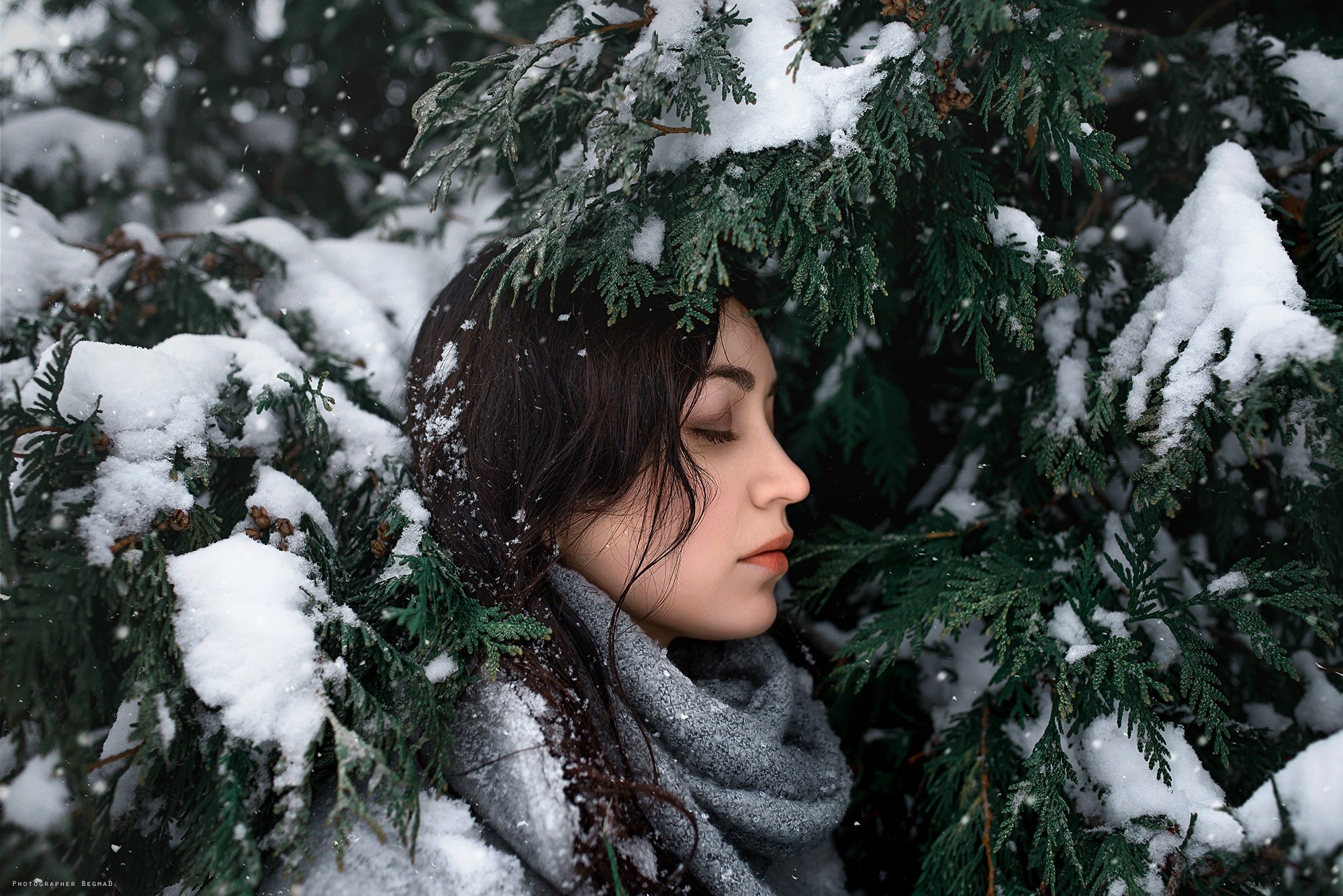 Dima Begma Snow Winter Cold Trees Outdoors Women Outdoors Face Closed Eyes Profile Model Women