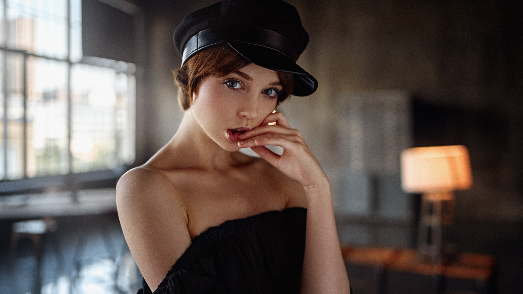 Bare Shoulders Women Model Portrait Face Olya Pushkina Redhead Short Hair Women With Hats 