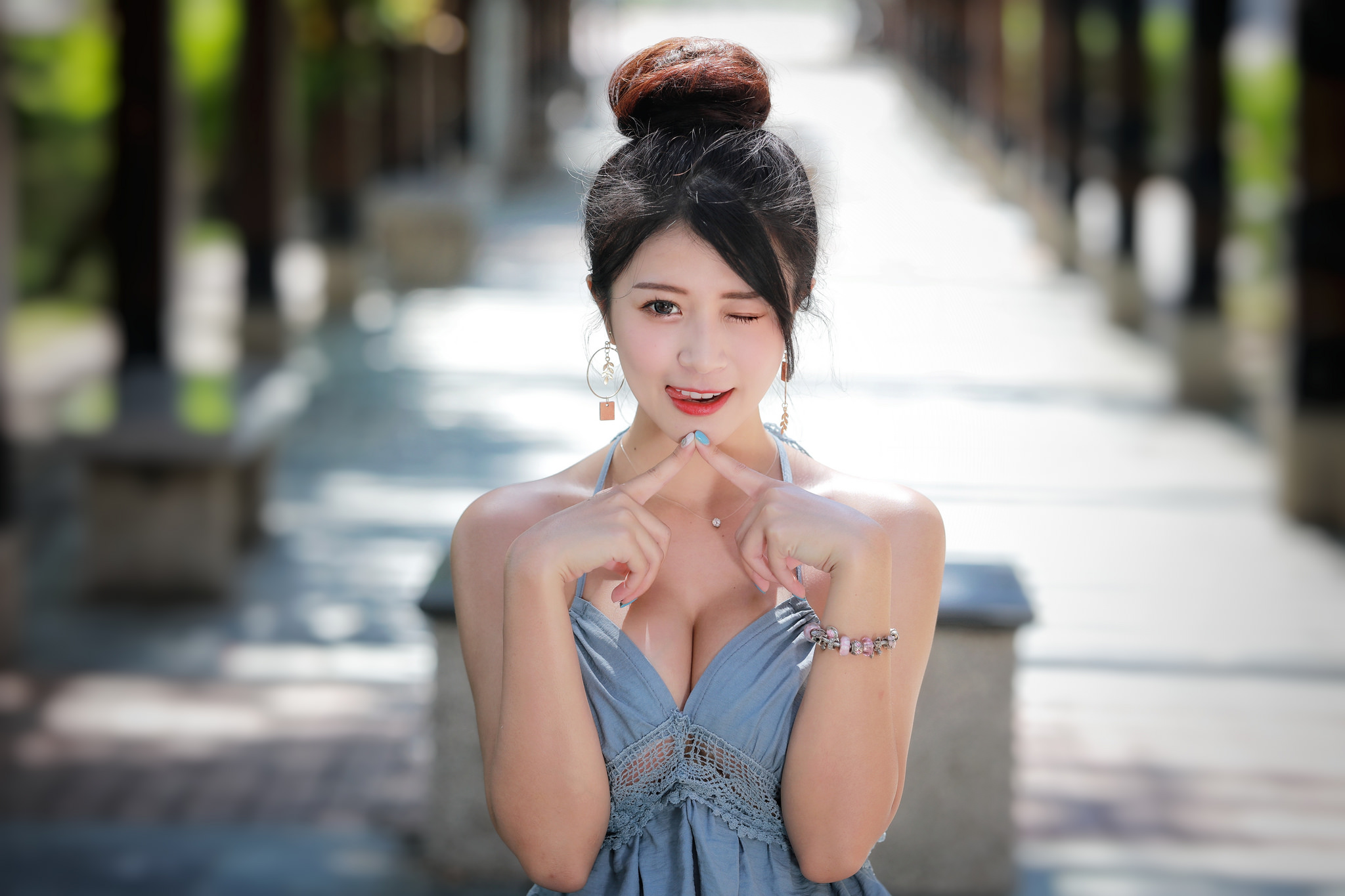 Women Model Asian Brunette Wink Lin Jiayi Smiling Portrait Dress Depth Of Field Outdoors Women