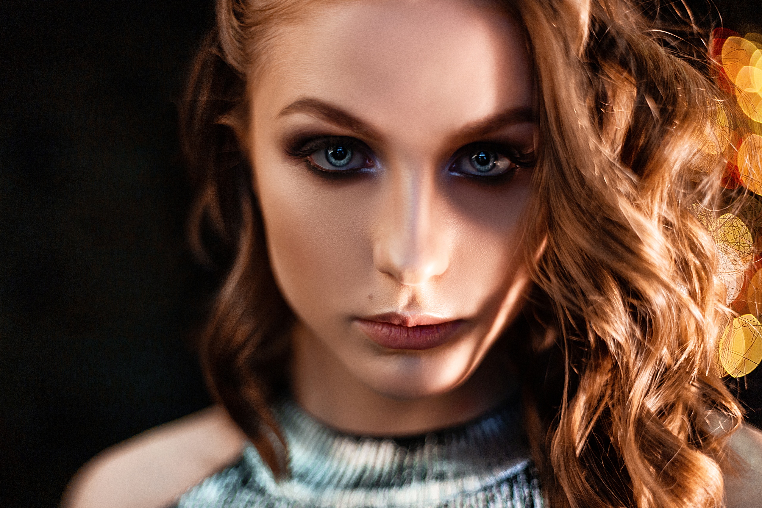 Women Model Brunette Portrait Looking At Viewer Face Bare Shoulders Bokeh Lights Eyelashes Gray 9381