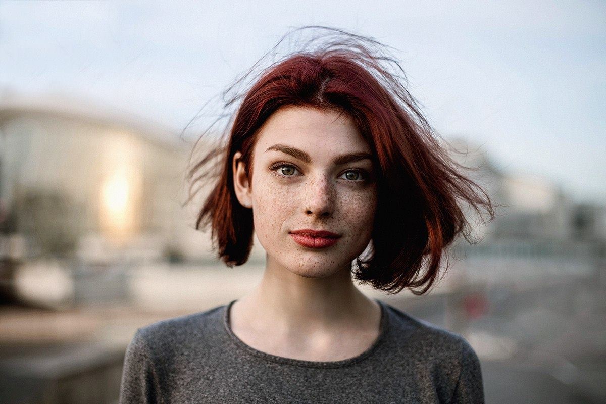 Women Mayya Giter Redhead Freckles Red Lipstick Windy Women Outdoors Face Looking At Viewer