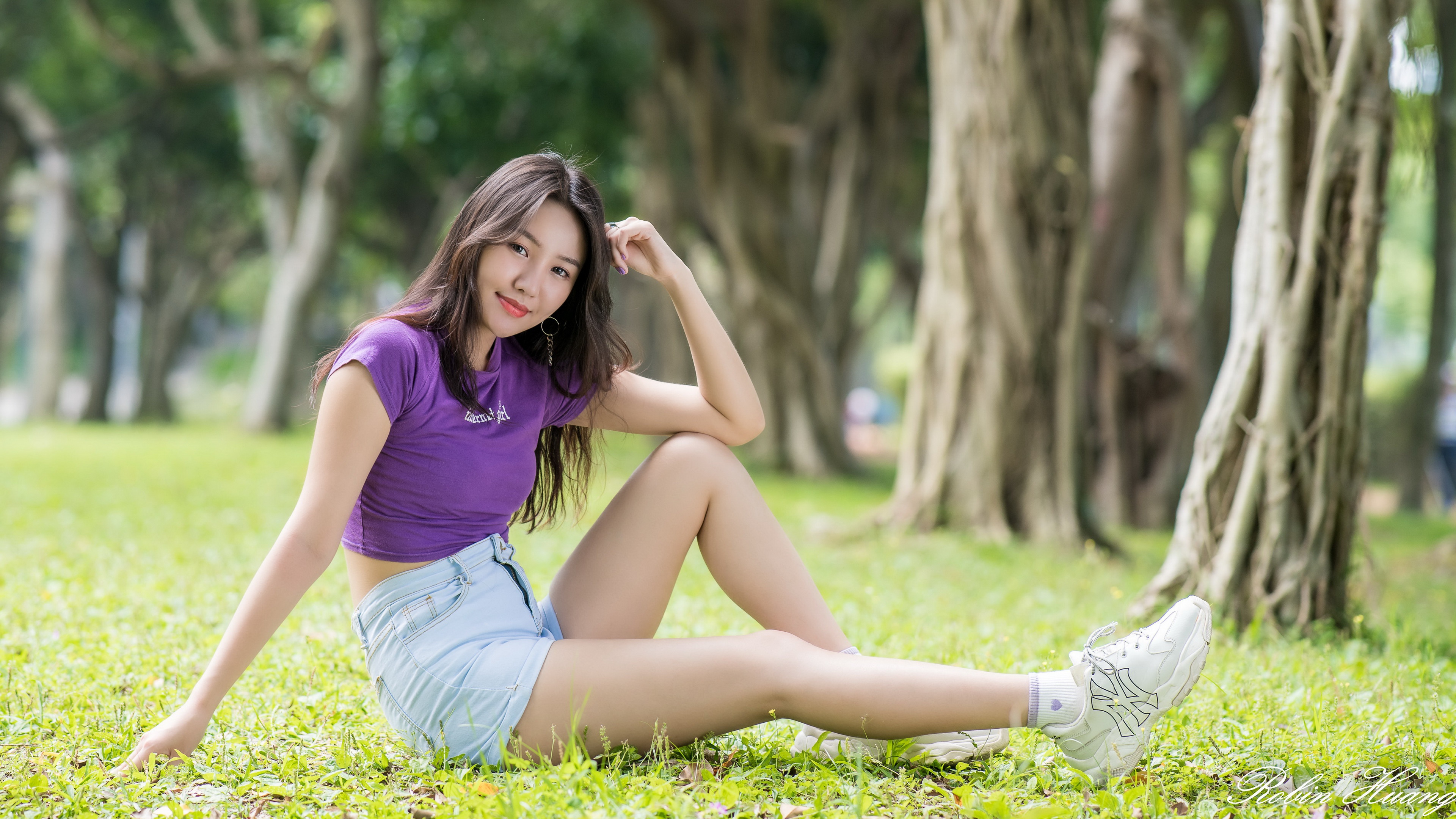 Asian Women Model Depth Of Field Long Hair Trees Bushes Shorts Sitting Shor...